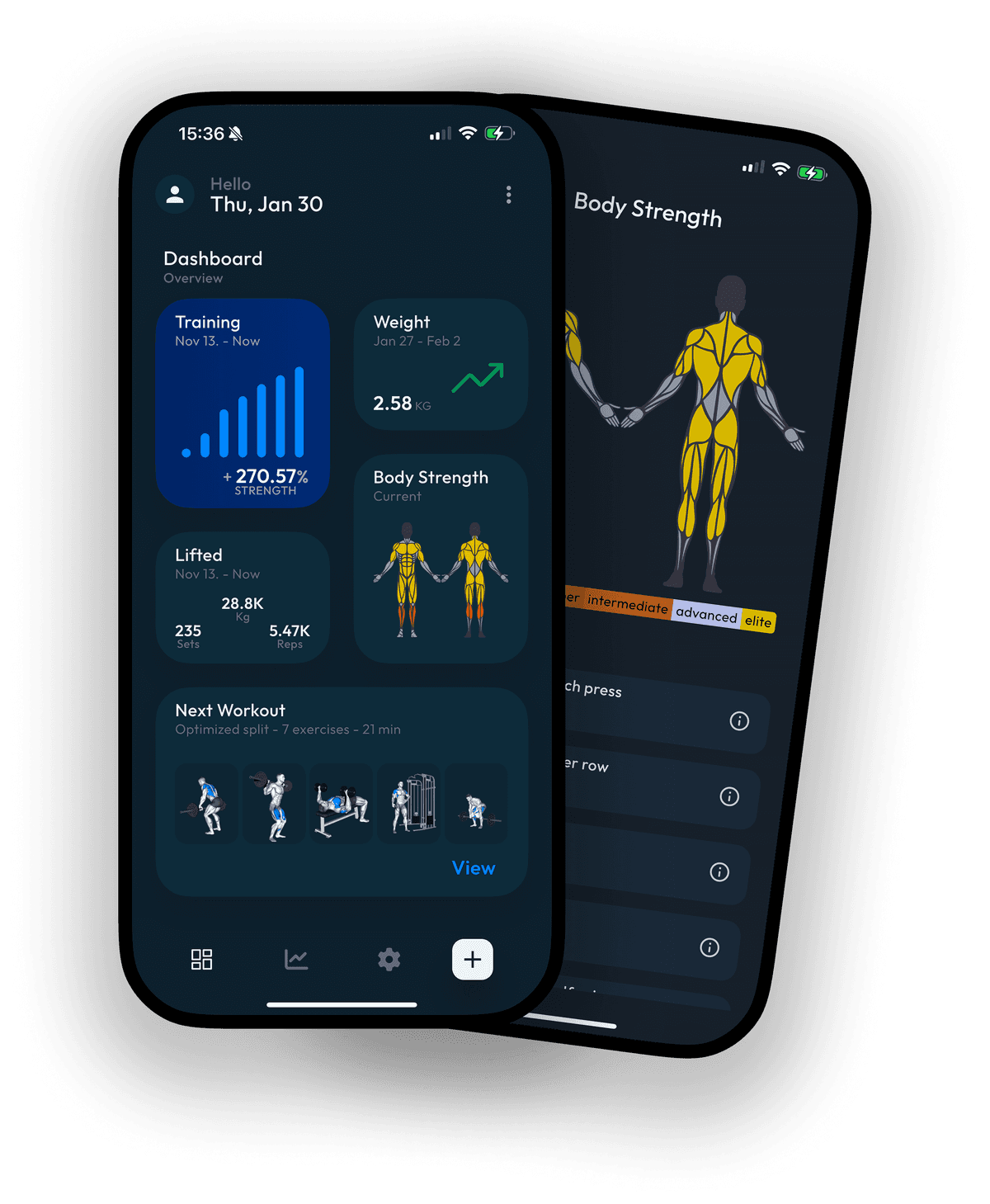 Adapt fitness app interface displayed on iPhone showing personalized workout plans, nutrition tracking, and progress dashboard