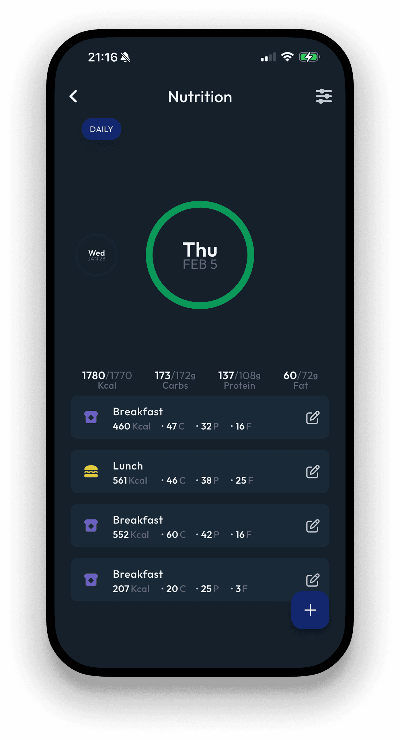 Adapt app nutrition tracking and targets